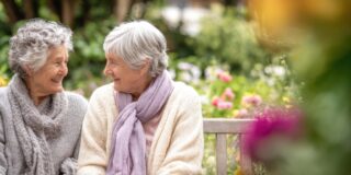 Zwei Seniorinnen sitzen im Frühling auf einer Bank und unterhalten sich angeregt.